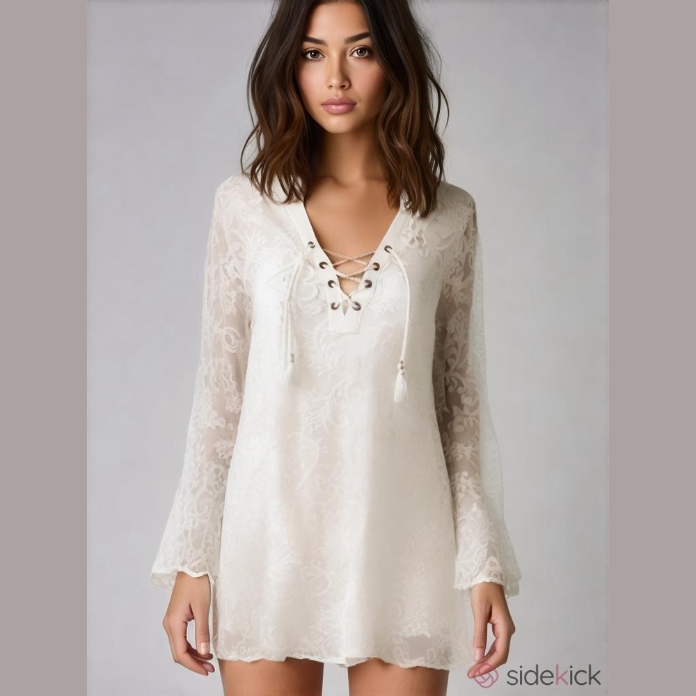 Boho Lace Minidress Lace-up Bodice Long Sleeves in Cream medium